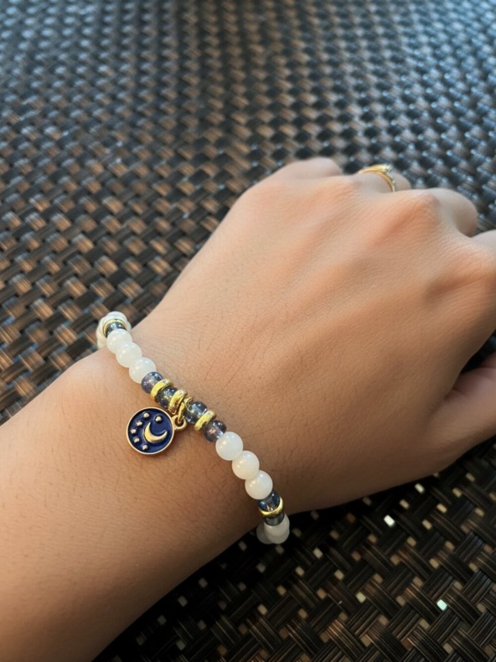 NWT Celestial Moon & Stars Whimsigoth Beaded Stretch Bracelet Gold Blue Charm